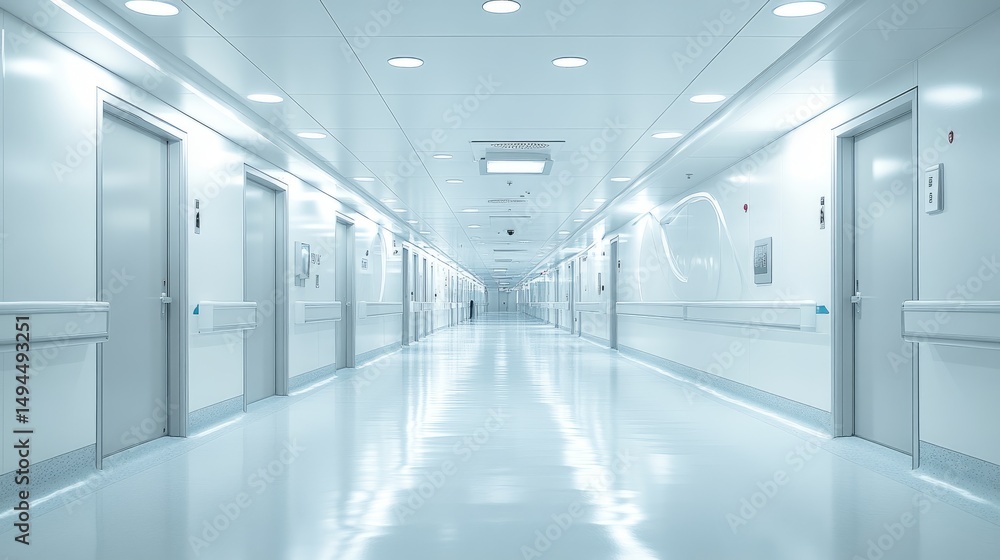 Obraz premium Sterile hospital corridor with closed doors on both sides, evenly spaced ceiling fixtures, and no visible personnel
