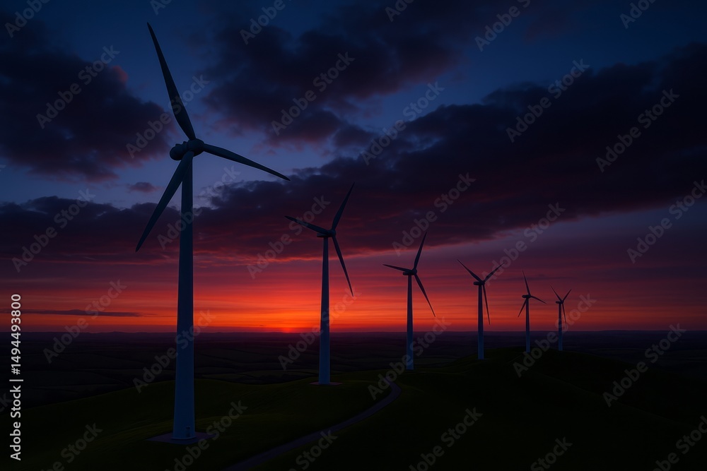 Obraz premium Majestic Wind Turbines Silhouette at Sunset Dramatic Red Sky Clean Energy Renewable Power Sustainable Technology Environmental Conservation Alternative Energy Sources Nature Landscape Scenery Rural 