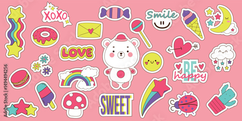 Set of different stickers with teddy bear characters, food, clouds, rainbow, stars, objects. Vector fashion cartoon elements for stickers, patches or pins.