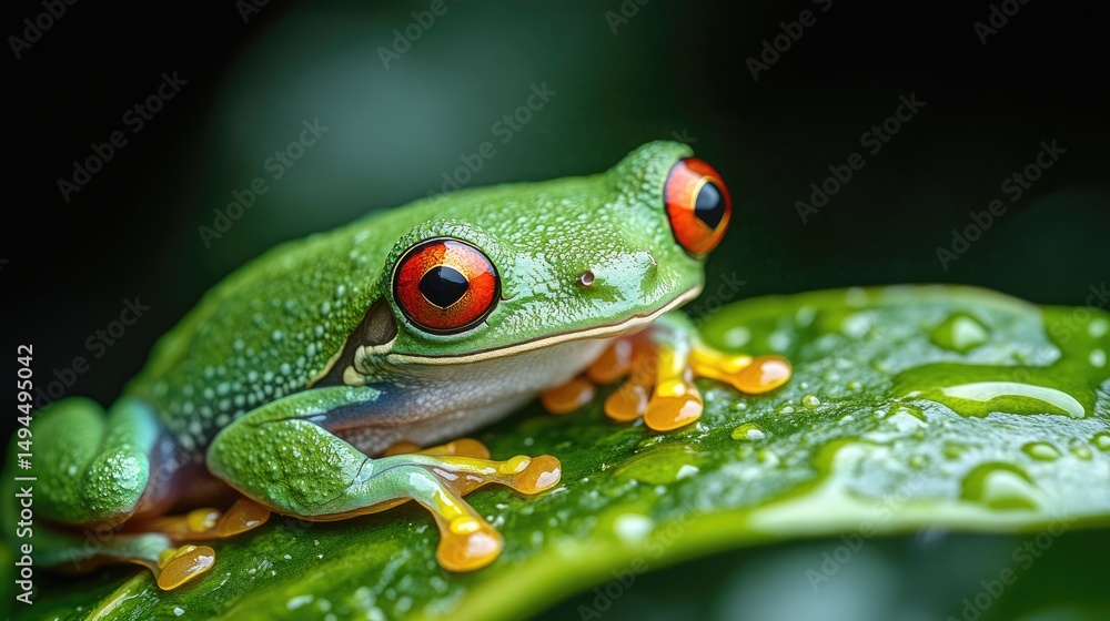 Obraz premium Tropical Tree Frog on Leaf, Rainforest, Close-up, Dew Drops