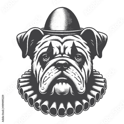 Vintage Hand-Drawn Bulldog In Clown Costume With Sad Face Illustration – Emotional Dog Engraved Style Vector for T-Shirts, Posters, Stickers, and Circus Themes Apparel