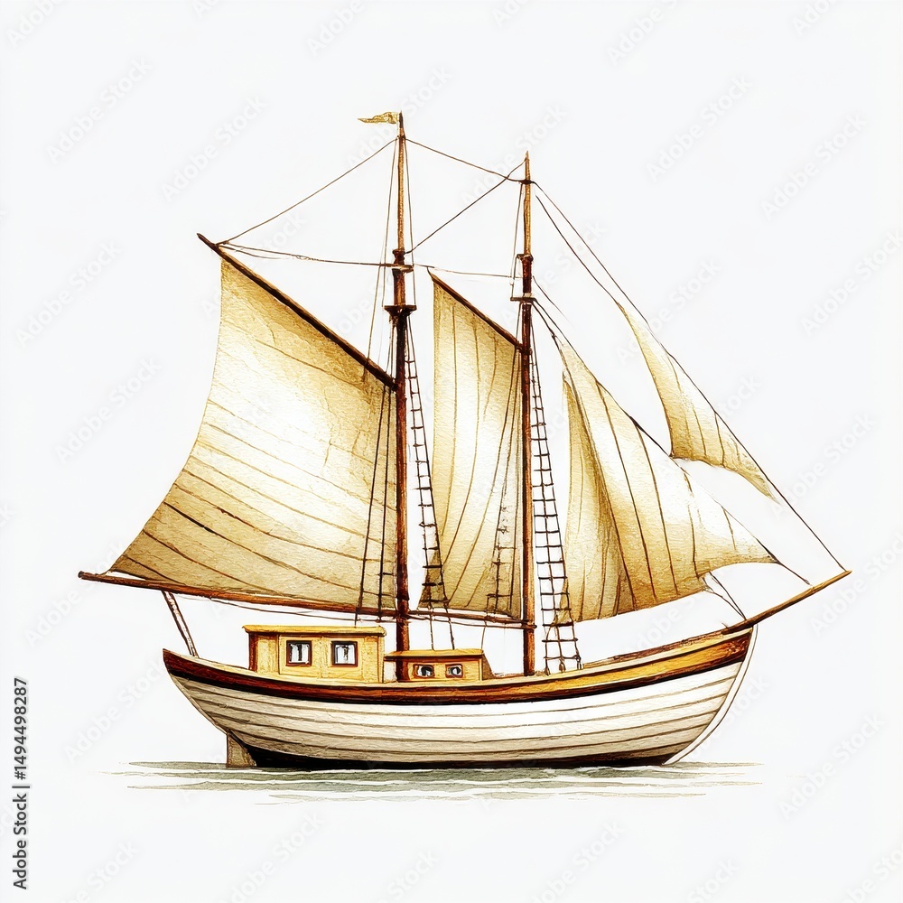 Obraz premium Classic Sailboat Illustration Beige Sails Wooden Hull White Background