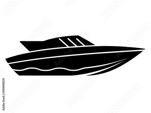 Black and White Silhouette of a High-Speed Sports Boat, Powerboat, and Luxury Yacht Featuring Sleek and Modern Design Elements for Marine and Nautical Themes