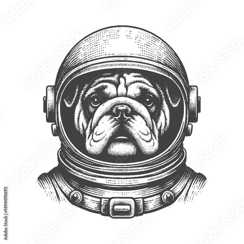 Vintage Hand-Drawn Bulldog in Astronaut Helmet Illustration – Space Dog Engraved Style Vector for T-Shirts, Posters, Stickers, and Galactic Pet Themes Apparel
