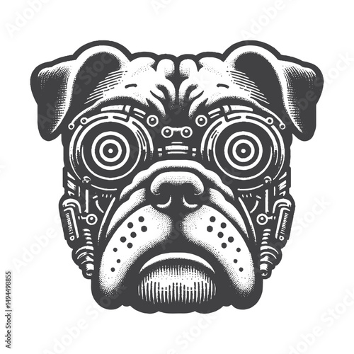 Vintage Hand-Drawn Bulldog Head with Robotic Eyes Illustration – Cyber Canine Engraved Style Vector for T-Shirts, Posters, Stickers, and Futuristic Pet Themes Apparel