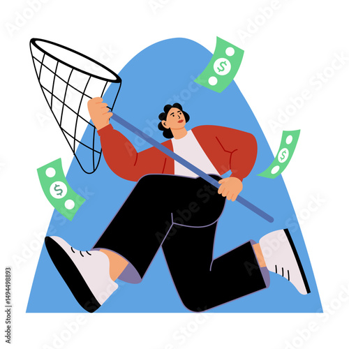 Flat style illustration depicting a character chasing money