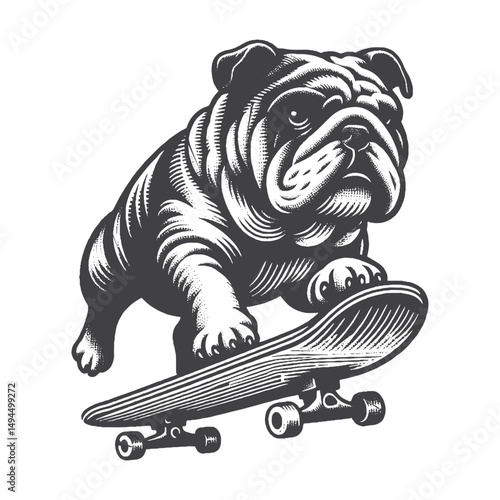 Vintage Hand-Drawn Bulldog Skateboarding Illustration – Urban Dog Engraved Style Vector for T-Shirts, Posters, Stickers, and Street Style Pet Themes Apparel