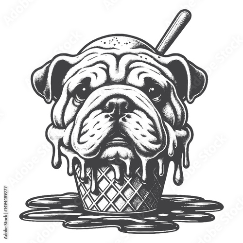 Vintage Hand-Drawn Bulldog Melting Like Ice Cream Illustration – Surreal Dog Engraved Style Vector for T-Shirts, Posters, Stickers, and Abstract Pet Themes Apparel
