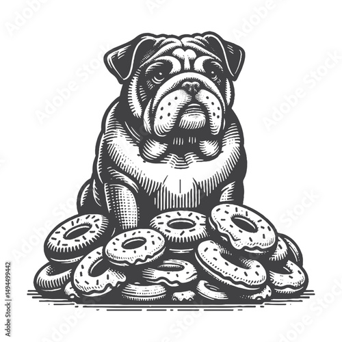 Vintage Hand-Drawn Bulldog Sitting On Pile Of Donuts Illustration – Sweet Tooth Dog Engraved Style Vector for T-Shirts, Posters, Stickers, and Dessert-Themed Apparel