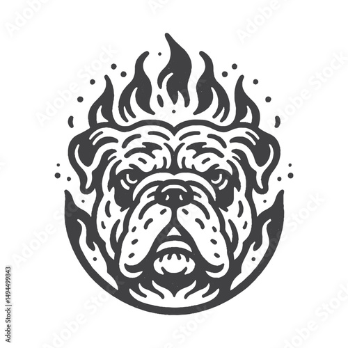 Vintage Hand-Drawn Bulldog Head On Fire Illustration – Fiery Dog Engraved Style Vector for T-Shirts, Posters, Stickers, and Intense Animal Themes Apparel