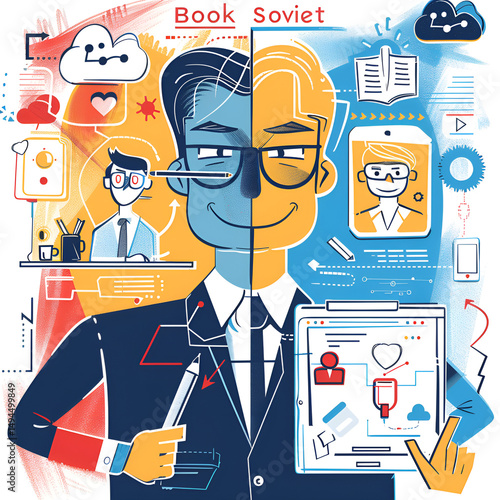 Split-faced individual in contrasting mood representing book versus digital learning.