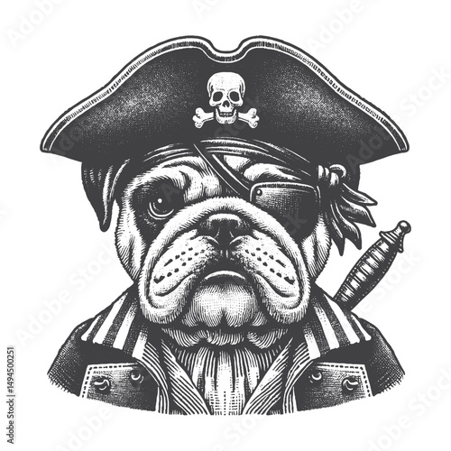 Vintage Hand-Drawn Bulldog Dressed As Pirate Illustration – Nautical Dog Engraved Style Vector for T-Shirts, Posters, Stickers, and Adventure Themes Apparel