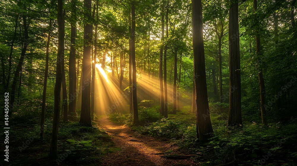 Fototapeta premium Sunbeams Forest Path Sunrise.
