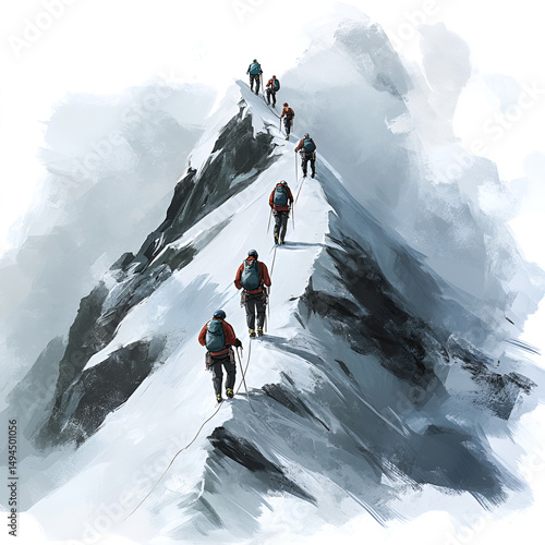  Painterly illustration of mountain climbers in red and blue representing challenge and nature.
