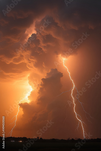 Breathtaking photograph of a lightning storm during sunset representing the power of nature