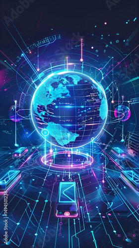 Futuristic digital illustration of global network in blue and pink representing connectivity and technology.