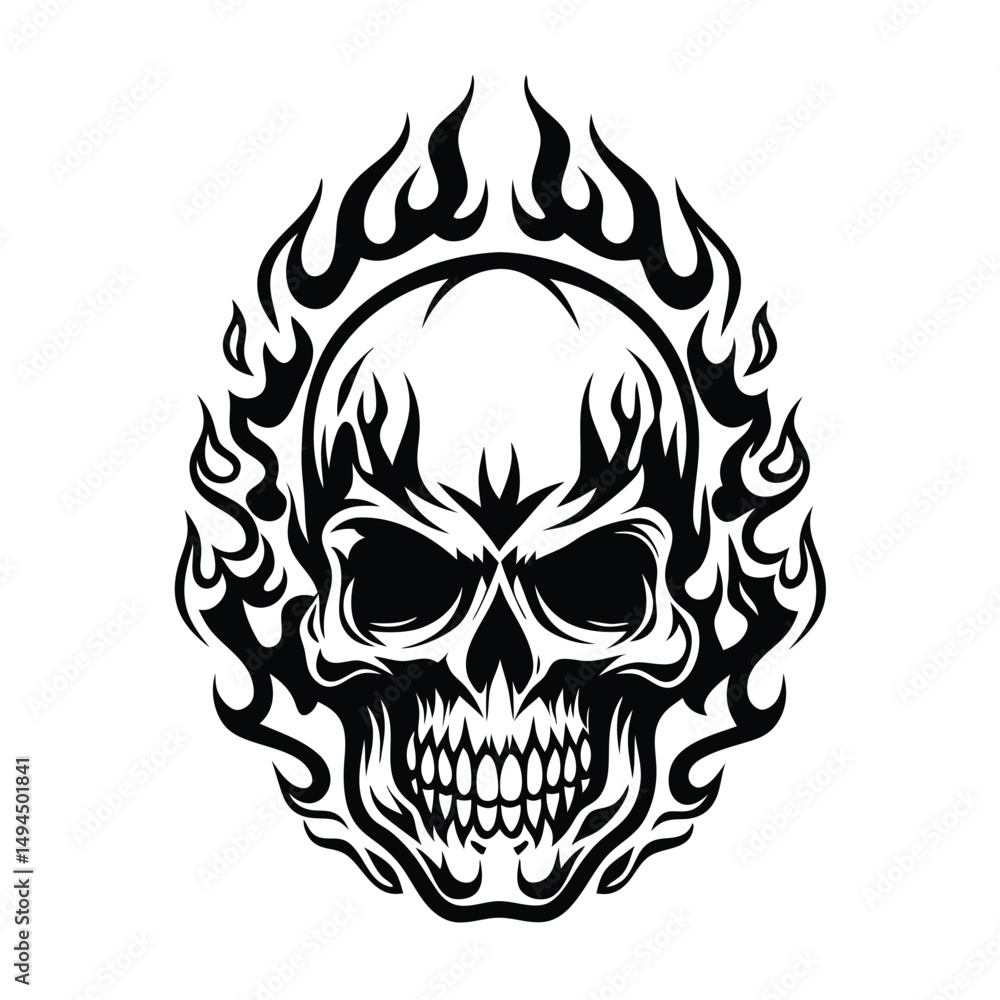 Fototapeta premium Skull with Fire Flames Detailed Black & White for Tattoos, Prints & Designs