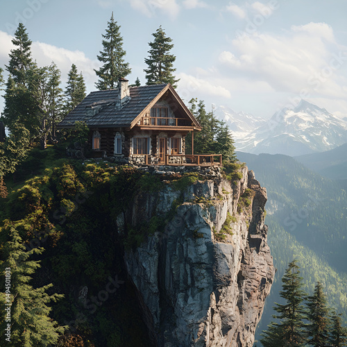 Digitally rendered cozy log cabin on cliff overlooking snowy mountains representing nature escape.