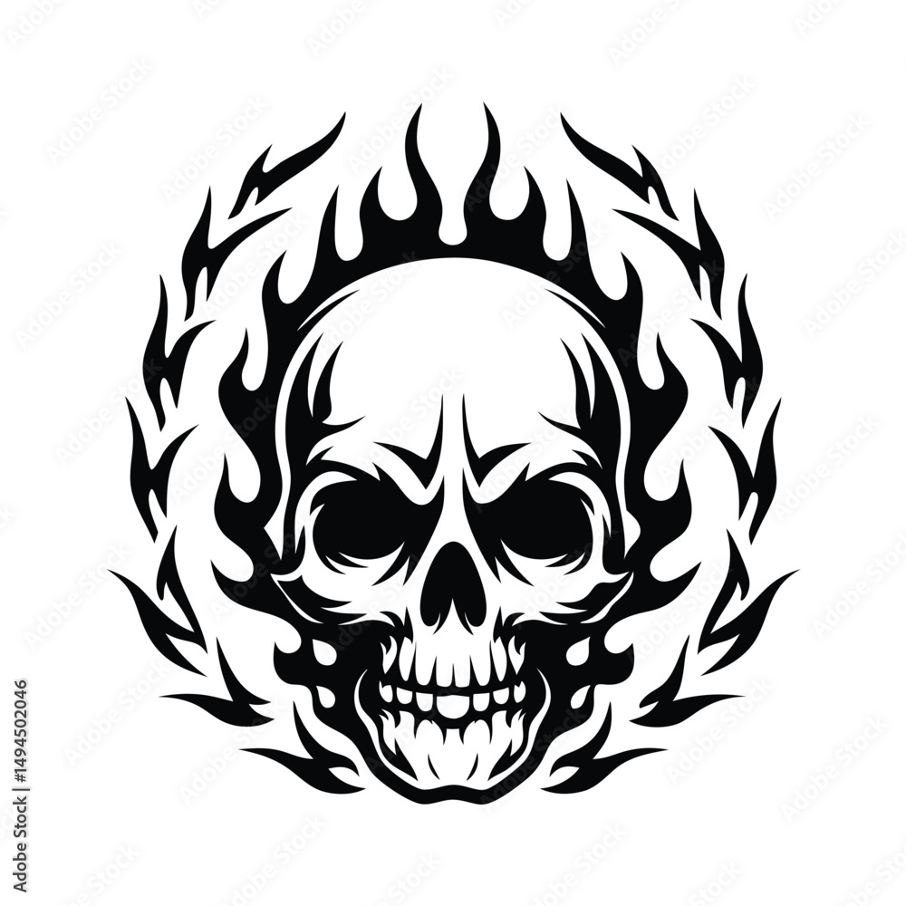 Obraz premium Monochrome Skull Surrounded by Flames, Abstract Tattoo Design, Black and White Art