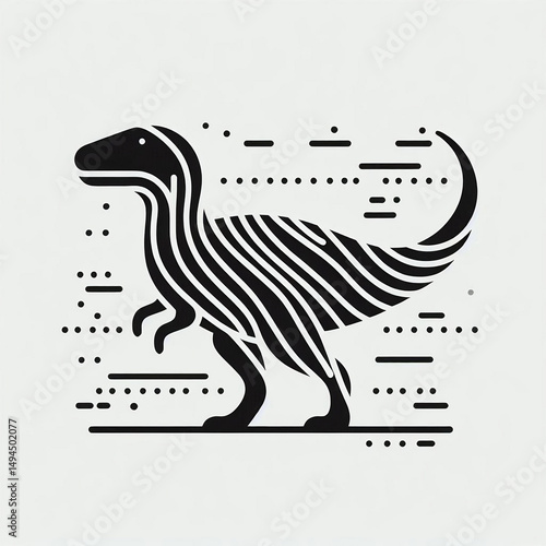 Minimalist line art drawing of striped dinosaur in black and light gray representing modern illustration