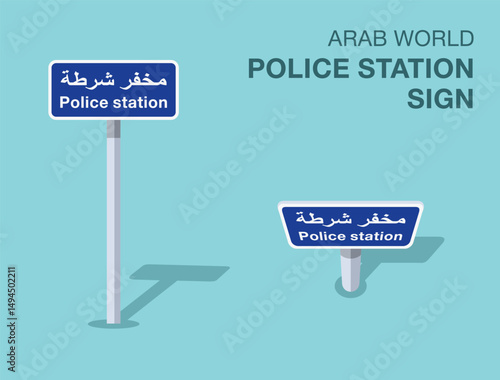 Traffic regulation rules. Isolated Arab world "police station" road sign. Front and top view. Flat vector illustration template.
