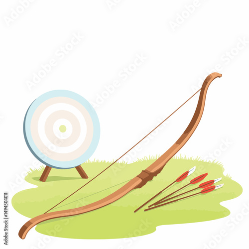 Traditional longbow and arrows on archery range, outdoor sport