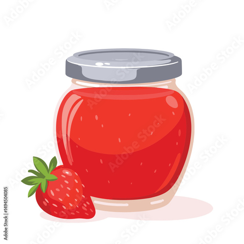 Vibrant strawberry jam jar with fresh strawberry, simple illustration