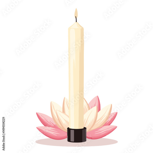 Elegantly tall Obon candle surrounded by lotus petals, purity symbolism