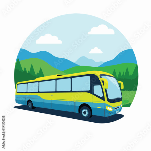 Stylized tour bus moving through scenic landscape, travel adventure