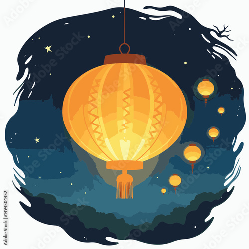 Golden paper lantern floating in night sky, harmony and celebration
