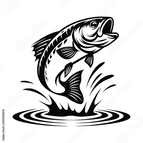 Leaping Bass Fish Silhouette Monochrome Largemouth Jumping from Water Logo