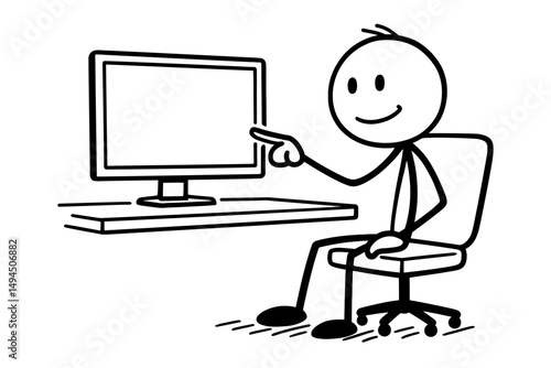 Cartoon stickman in office chair pointing at blank computer screen. Simple vector illustration of workplace frustration or presentation.
