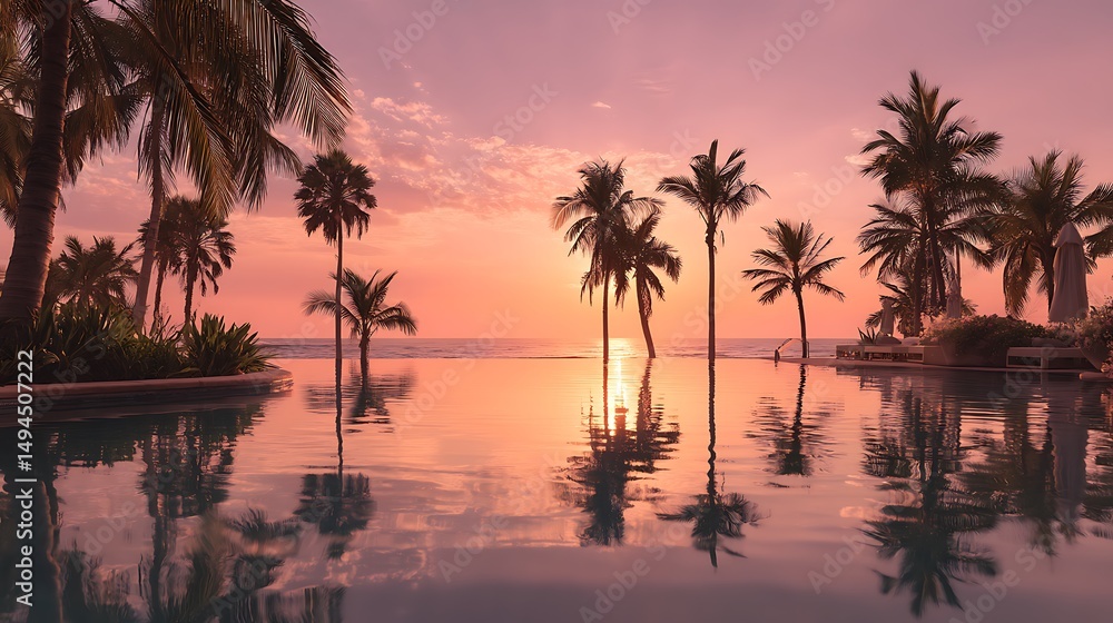 Obraz premium Tropical sunset reflecting on calm pool water bordered by palm trees, creating a serene vacation setting. Coastal paradise at its best. .