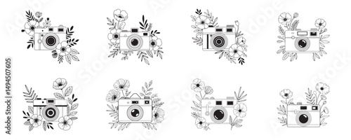 Set of black and white line art illustration of a vintage camera surrounded by decorative flowers and leaves, Detailed Camera Illustration Professional Vector Design for Photography Projects