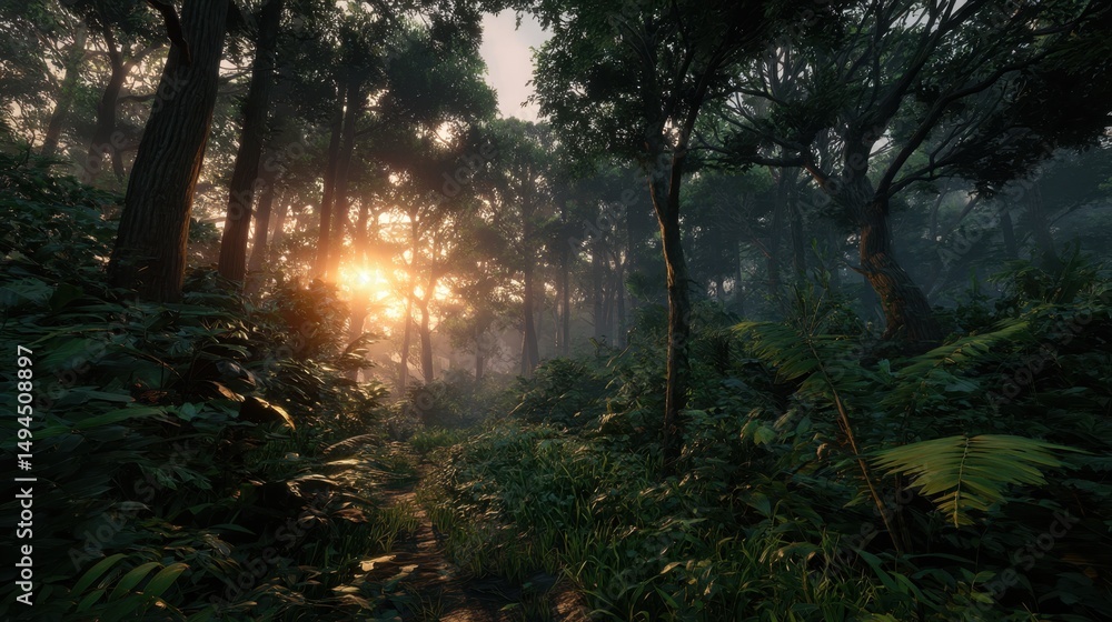 Obraz premium Sunlight filtering through dense rainforest trees at dawn