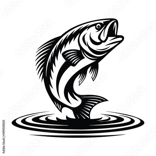 Bass Fish Leaping Silhouette, Monochrome of Aquatic Animal with Water Rings