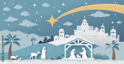 A serene holiday nativity scene featuring a starry night and simple silhouettes.