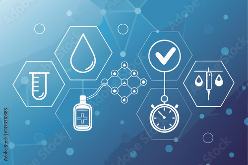 Abstract healthcare and technology icons in blue tones.