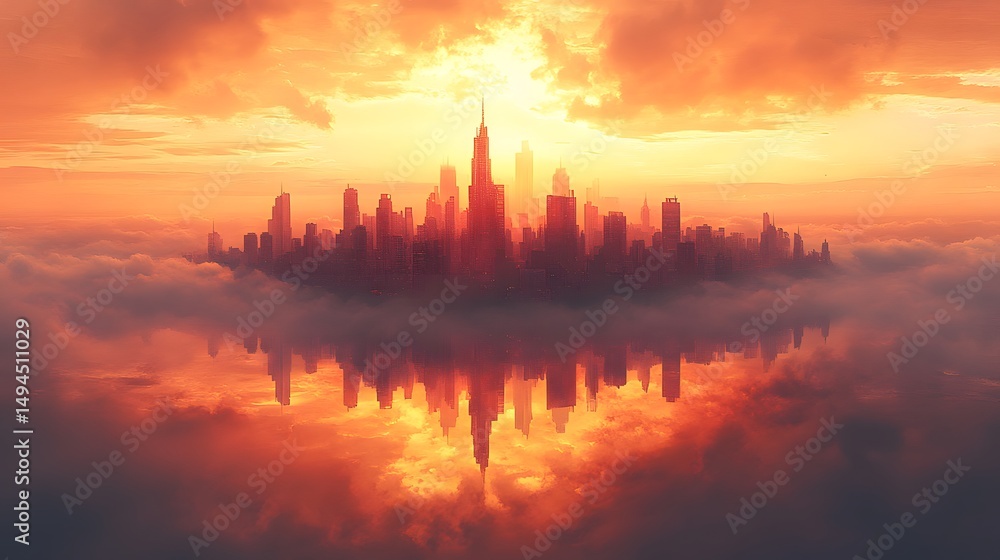 Naklejka premium Surreal concept art of a floating inverted city skyline