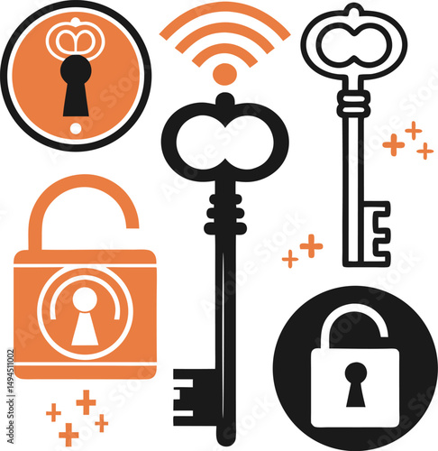 A modern graphic of keys and padlocks in black and orange hues.