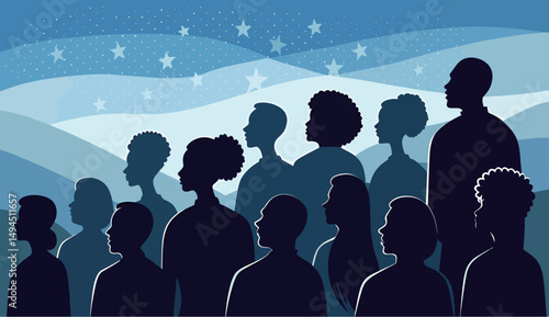 A diverse group of silhouettes gazing at a starry night sky.