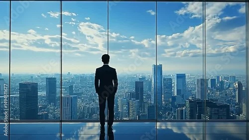 Businessman looking out at cityscape from modern high-rise
