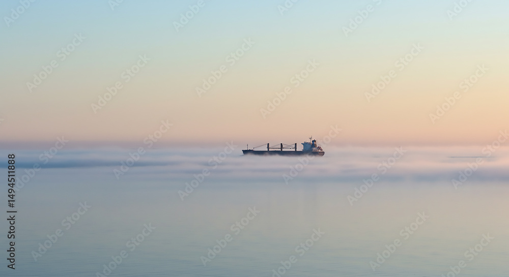 A cargo ship sailing on the sea covered in fog during a sunset with a pastel colored sky above it A cargo ship sailing on the sea covered in fog during a sunset with a pastel colored sky above it