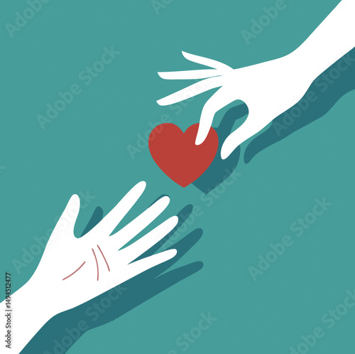 Two hands reaching for a red heart symbolizing love and connection.