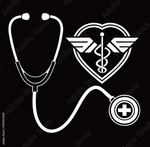 Stylized stethoscope with medical symbol on a black background.