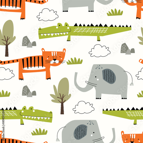 Photography Childish seamless pattern with cute tiger, crocodile and elephant