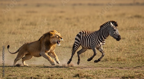 Lion chasing Zebra in African Savannah
