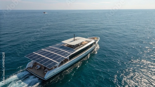 Sustainable Energy Yacht with Solar Panels Sailing Blue Ocean Clear Sky