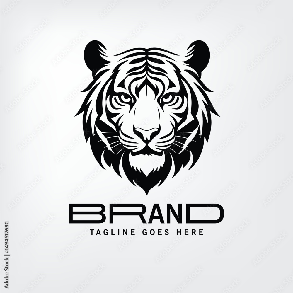 Tiger head logo design in monochrome style. Bold, stylized tiger head graphic displayed against a neutral background. Tiger head logo design in monochrome style. Bold, stylized tiger head graphic displayed against a neutral background.