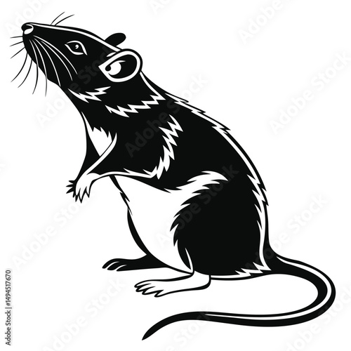 Monochrome Rat Silhouette Standing on Hind Legs, Looking Upward, Isolated on White